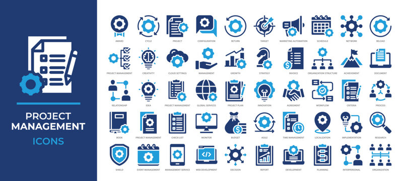 Project Management icons set covering planning, workflow, teamwork, productivity tools and more. Perfect for business strategy, scheduling, reports, and organization systems.