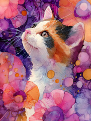 Calico Cat Looking Up with Vibrant Purple Pink Orange Flowers - Watercolor Art