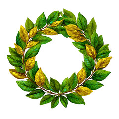 Green and gold laurel wreath illustration isolated high resolution image