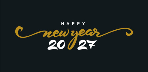 Happy New Year 2027 logo golden design in flat minimalist black and white style. Modern 2027 typography vector logo for banners, posters, greeting cards, branding, calendars, New Year holiday designs. © Anatoliy