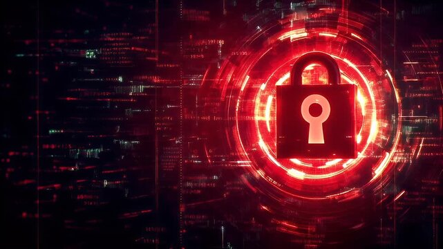 Firewall protection. Internet cyber security. Hightech. Technology. Encryption and decryption. A digital artwork depicting a red padlock on a digital background.