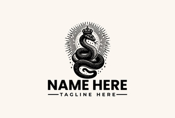 A black snake illustration coiled within a sunburst design, accompanied by placeholder text for a name and tagline on a beige background, forming a logo.