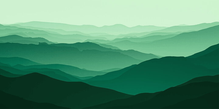 Abstract green mountain landscape with atmospheric mist and layers of rolling hills fading into the distance.