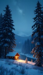 A cozy cabin with warm lights among snowy pines under the stars.