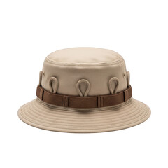 Beige bucket hat with brown strap and loops against png isolated transparent background black background