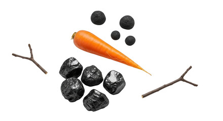 Carrot coal and sticks arranged on png isolated transparent background black background for snowman branch