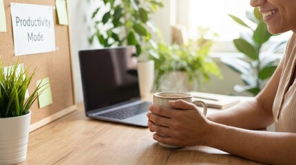 Boosting productivity in home office environment with a cup of coffee relaxed lifestyle indoor workspace natural light close-up view focus on comfort and efficiency