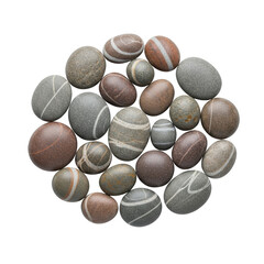 Collection of smooth oval pebbles with natural stripes and textures arranged on a png isolated transparent background black background