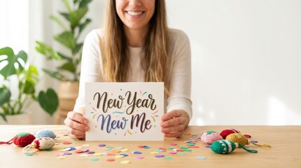 Celebrating new beginnings new year new me event home setting greeting card display cheerful atmosphere front view personal growth concept