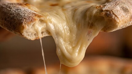 Close-up of deliciously melted cheese stretching and dripping from a freshly baked slice of golden-crusted pizza, a perfect culinary delight