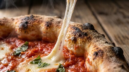 Experience the ultimate culinary concept a steaming hot, artisanal pizza with a perfect, stretchy cheese pull, rich tomato sauce, and fresh basil, ready to delight
