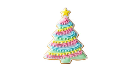 Decorated Christmas tree shaped cookie with pastel icing and yellow star png isolated transparent background