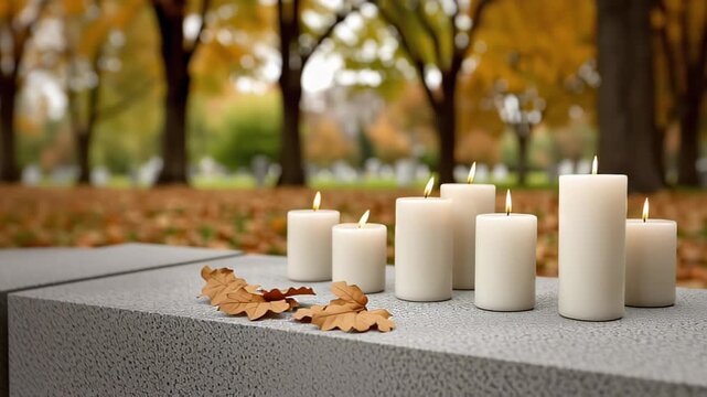 White memorial candles on a stone monument in a park cemetery in autumn.. video.