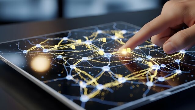 Human interaction with a digital network of glowing connections and data streams - Powered by Adobe