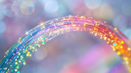 Macro cable glow fiber optic cables curved rainbow spectrum light trails bokeh particles transparent strands extreme close-up