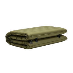 Folded olive green inflatable sleeping pad with png isolated transparent background black valves on black background