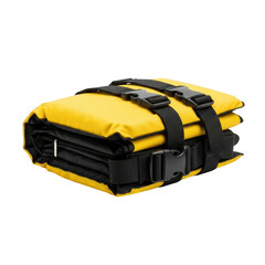 Folded yellow and png isolated transparent background black waterproof bag with black straps and buckles