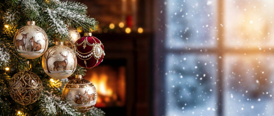 Christmas tree decorations, copy space