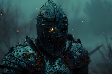 Fototapeta premium Undead knight in rusted armor with glowing eyes and cracked helm in eerie setting