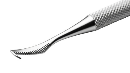 Metal Dental Scaler Tool with Serrated Edge and Textured Handle on png isolated transparent background Black Background