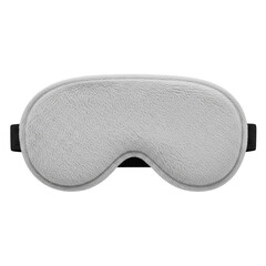 Light gray plush sleep mask with png transparent background black elastic strap isolated on black background