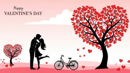 Happy valentine's day couple kissing under heart shaped trees