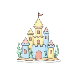 Pastel colored sand castle with flag and seaweed on png isolated transparent background black background