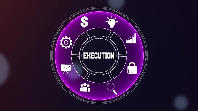 Successful business execution and strategic project implementation concept, digital interface with action plan and corporate achievement icons on dark hud