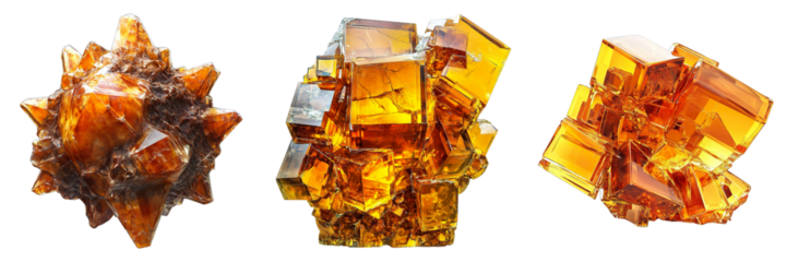 Vibrant Gemstones: A close-up view of a trio of glistening gemstones, each exhibiting a unique shape and radiant color, sparkling in the light.