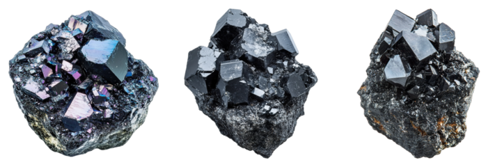 Mysterious Mineral Gems: A captivating collection of dark, geometric mineral specimens. Their striking luster hints at the mysteries held within these precious natural treasures.