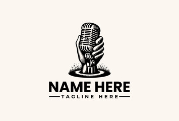 Black and white illustration of a vintage microphone with a stand on a plain beige background, surrounded by grassy elements, with a bold logo and tagline text area.