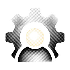 Human resources profile with gear halftone icon PNG image, for management with retro dotted style. Transparent background