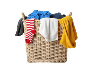 Woven laundry basket overflowing with colorful clothes and a red striped sock png isolated transparent background