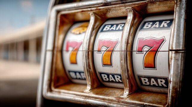 Close-up of slot machine showing 777 on reels from side angle in casino setting