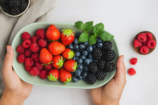 Fresh assortment of vibrant berries on a platter highlighting organic fruits, healthy antioxidants, natural colors, summer harvest freshness, and nutritious food styling - Powered by Adobe