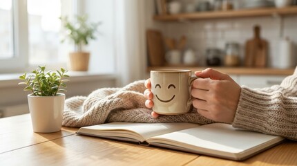 Cozy morning routine with a smiling coffee mug bright kitchen lifestyle content warm ambiance intimate close-up positive vibes for a cheerful start to the day
