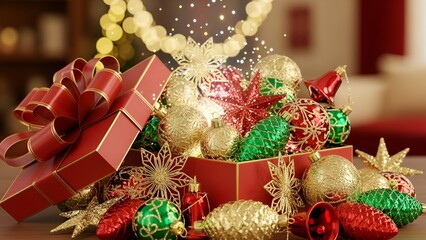 Festive delight: A dazzling array of christmas ornaments spilling from a gift box