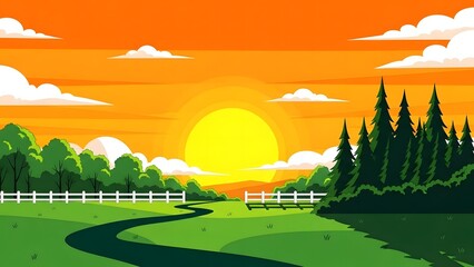 Serene countryside landscape with winding road and sunset