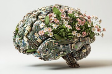 Blooming Intellect: A vibrant conceptual representation of a human brain blossoming with flowers, symbolizing growth, innovation, and the fusion of technology and nature.