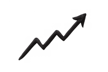 Black zigzag arrow rising symbolizing business growth, financial increase, market success, and economic upswing on a transparent background