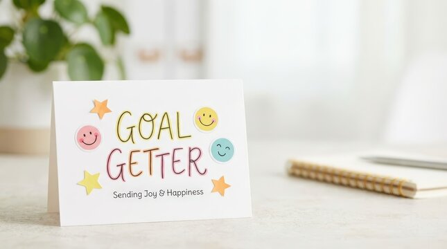 Sending joy and happiness through goal getter cards in a cheerful home office environment a creative perspective on motivation and positivity