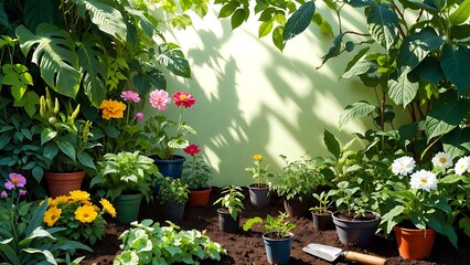 Vibrant indoor garden with diverse potted plants, colorful blooming flowers, and rich soil against