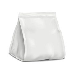 White pouch package. Realistic 3d vector mockup. Blank side gusseted flexible plastic, foil or paper bag. Mock-up. Template for design
