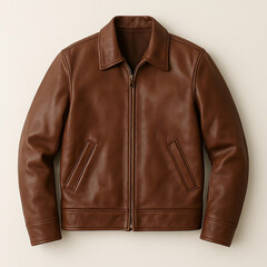A high-fashion brown leather jacket garment is isolated on white for a stylish winter apparel design featuring elegant textile sleeves and a warm modern clothing aesthetic