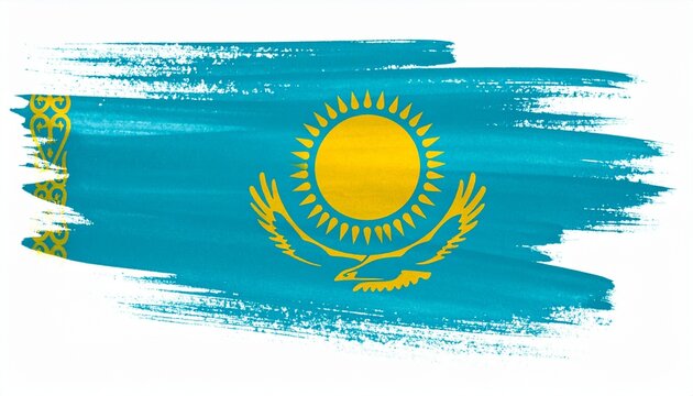 Artistic Kazakhstan Flag with Sky Blue Paint Brush Strokes, Golden Sun and Steppe Eagle Symbol