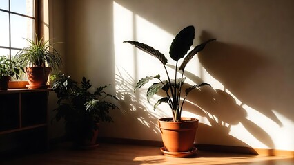 Indoor scene with lush potted plants soaking up warm afternoon sunlight, casting dramatic shadows