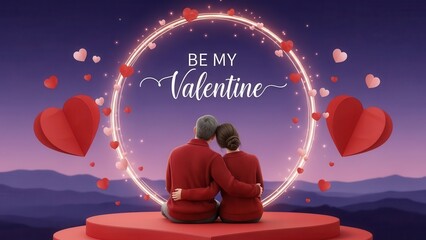 Couple embracing under heart shaped lights on valentine's day