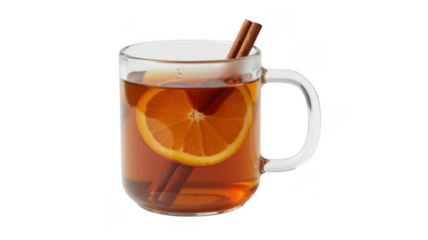 Glass mug with orange slice and two cinnamon sticks isolated on a transparent background
