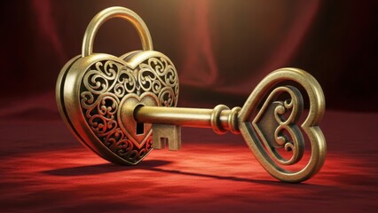 An ornate vintage heart-shaped lock with a key on a red background. A romantic symbol of love, commitment, and secrets for Valentine's Day