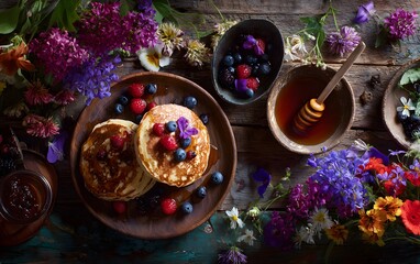 Overhead Flat Lay of a Rustic Breakfast Table Featuring Pancakes, Fresh Fruits, and Coffee